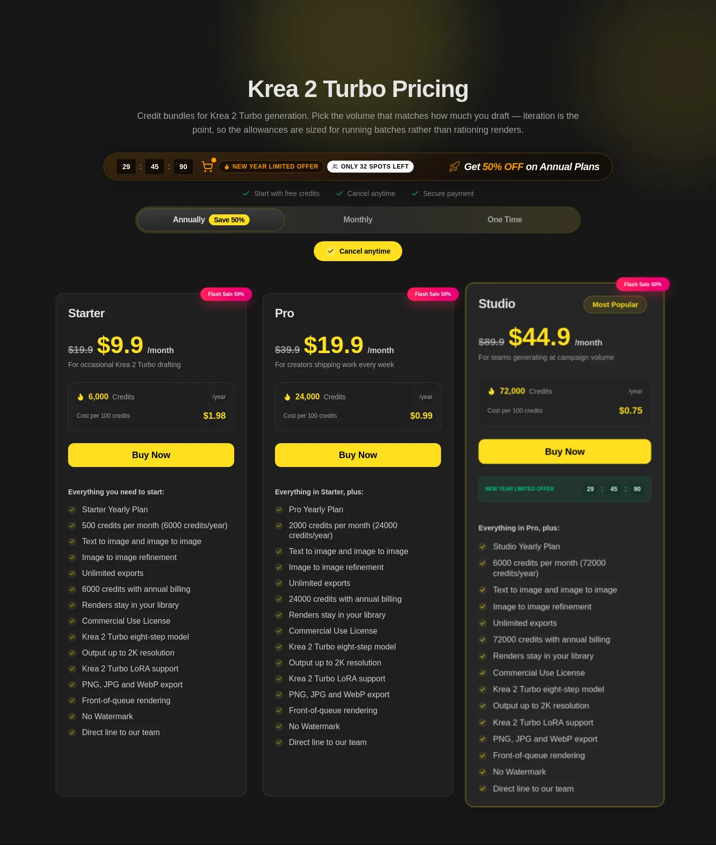 krea2turbo.pro — a real Pricing section