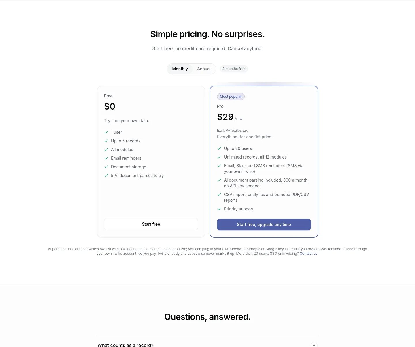 lapsewise.com Pricing section