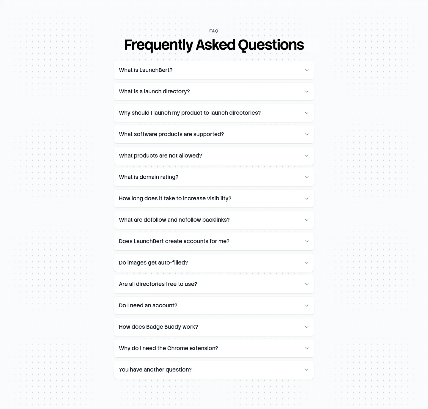 launchbert.com — a real FAQ section