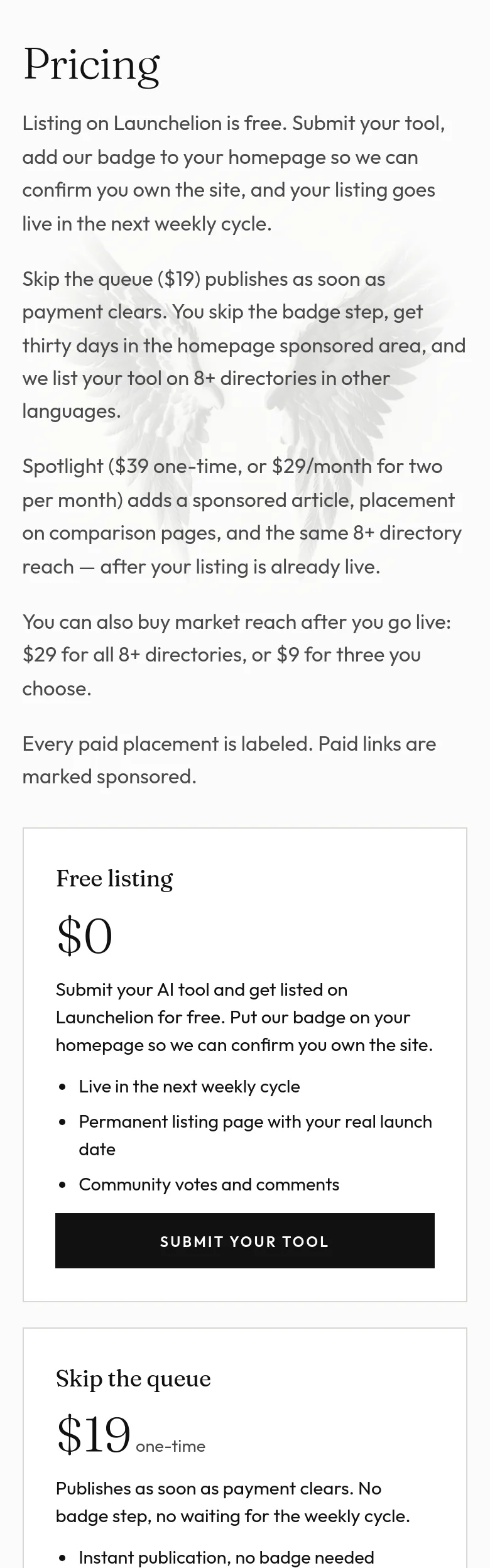 launchelion.com Pricing section