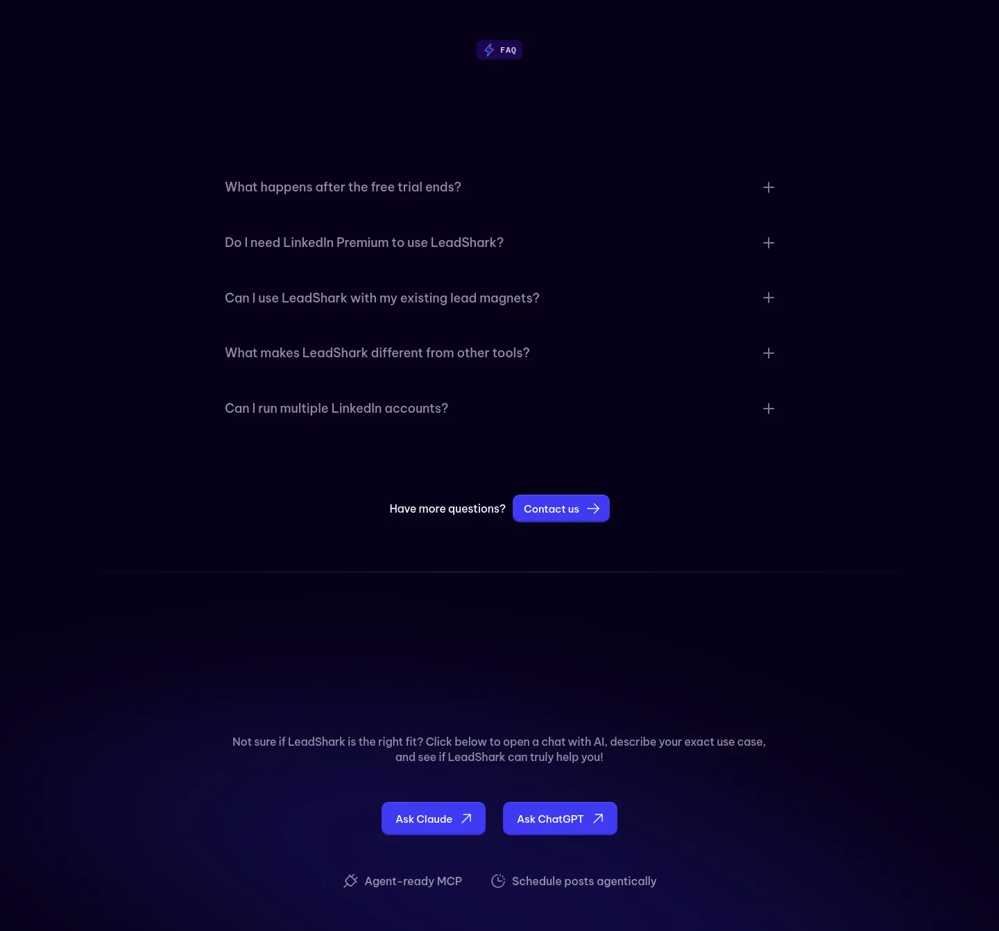 leadshark.io — a real FAQ section