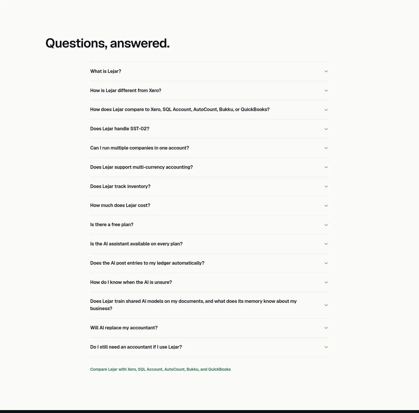 lejar.ai — a real FAQ section