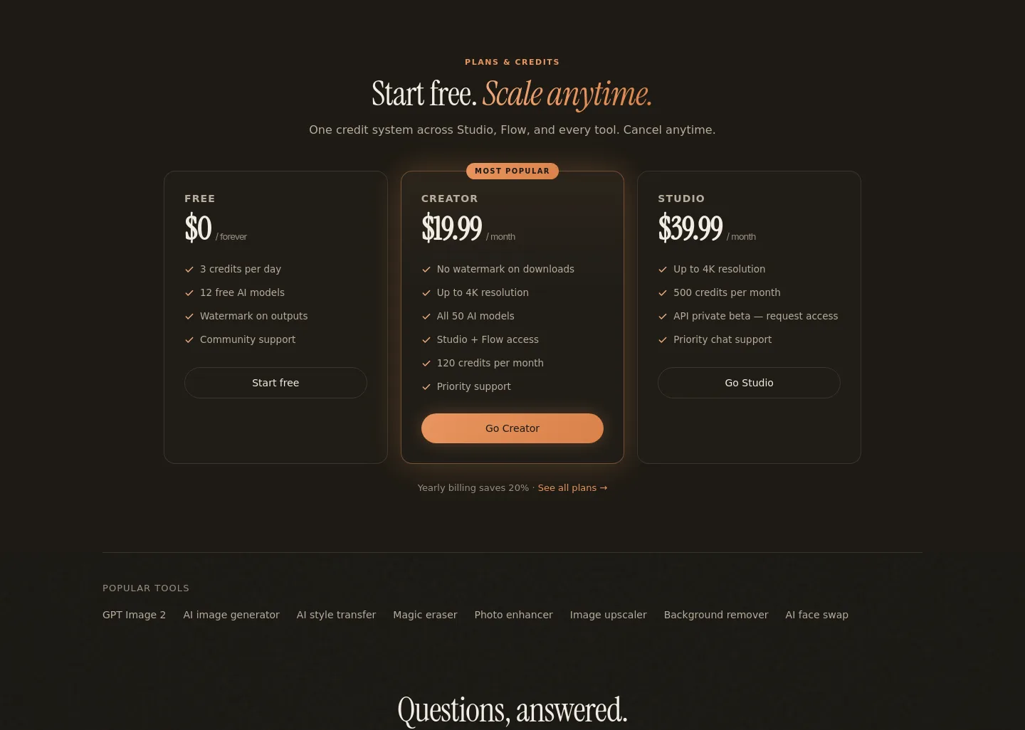 lensgo.ai Pricing section
