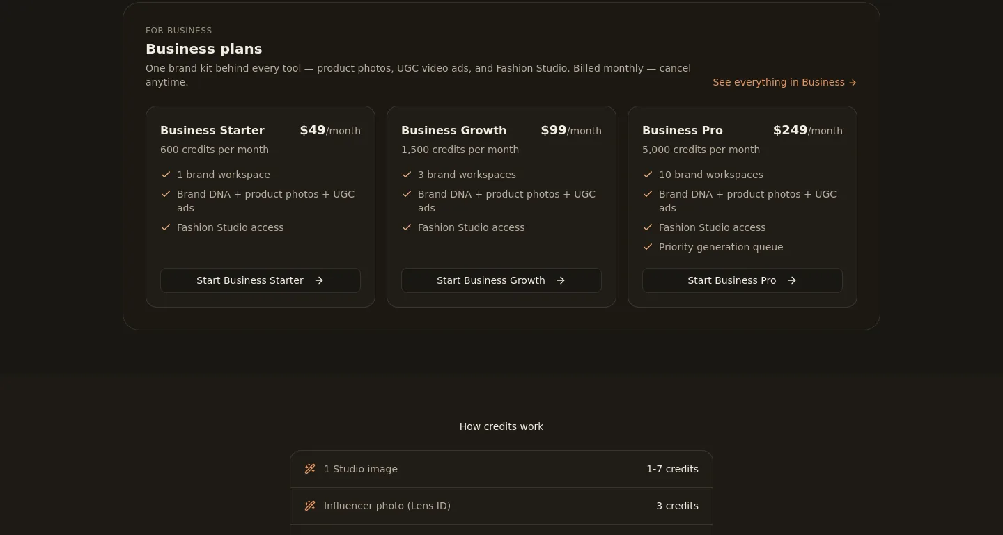 lensgo.ai Pricing section