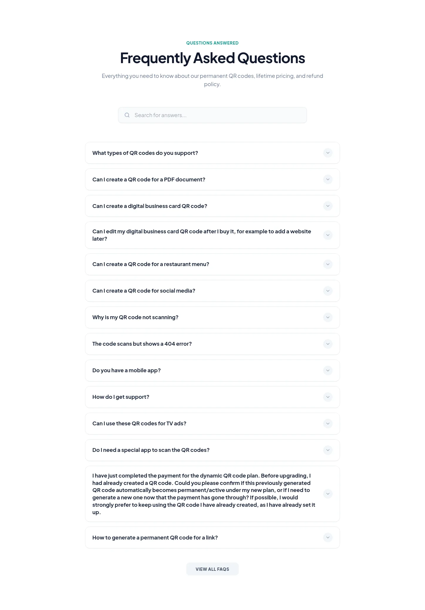 lifetimeqrcodes.com FAQ section