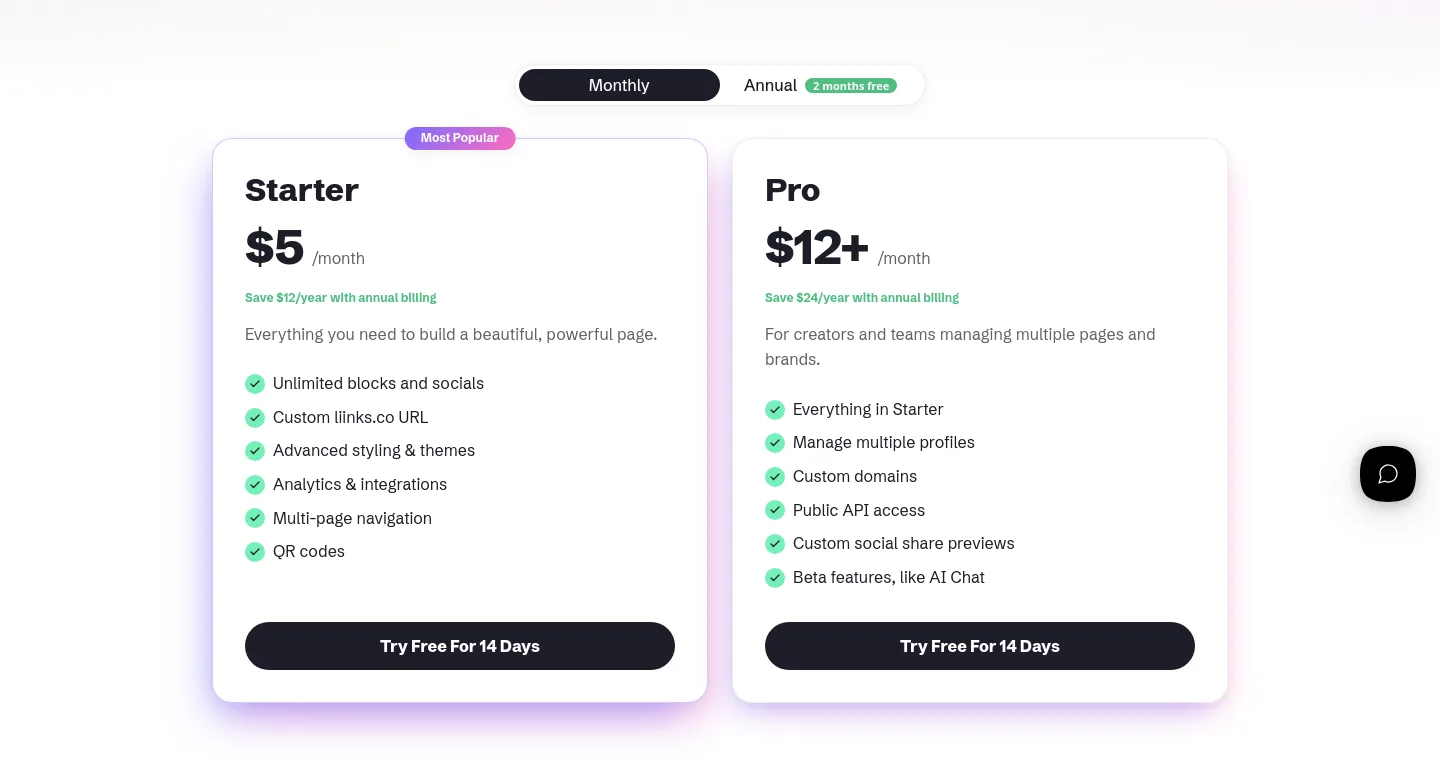 liinks.co Pricing section