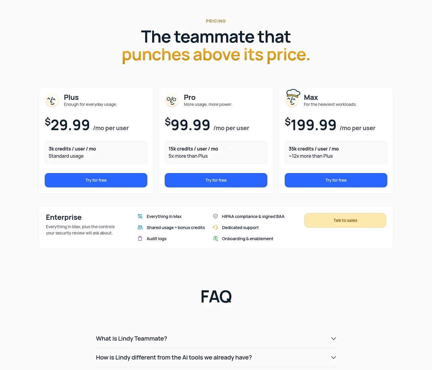 lindy.ai Pricing section