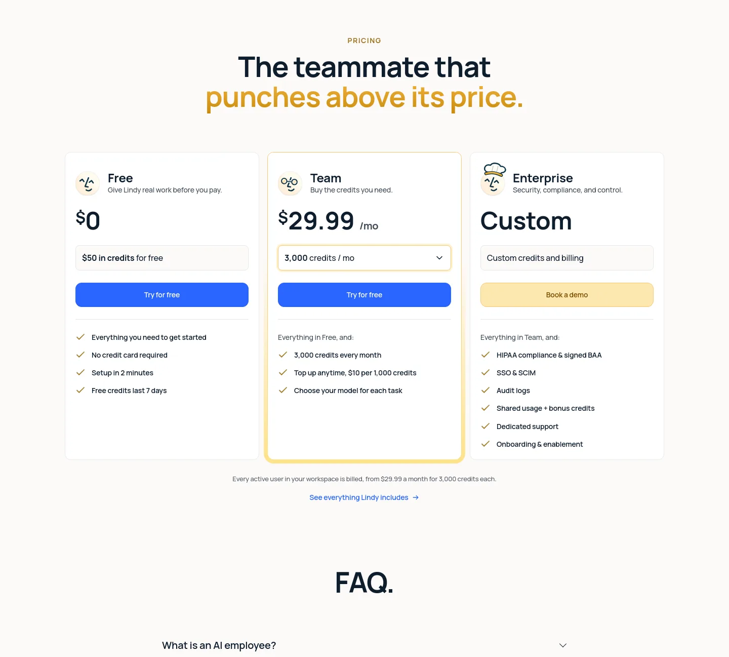 lindy.ai — a real Pricing section