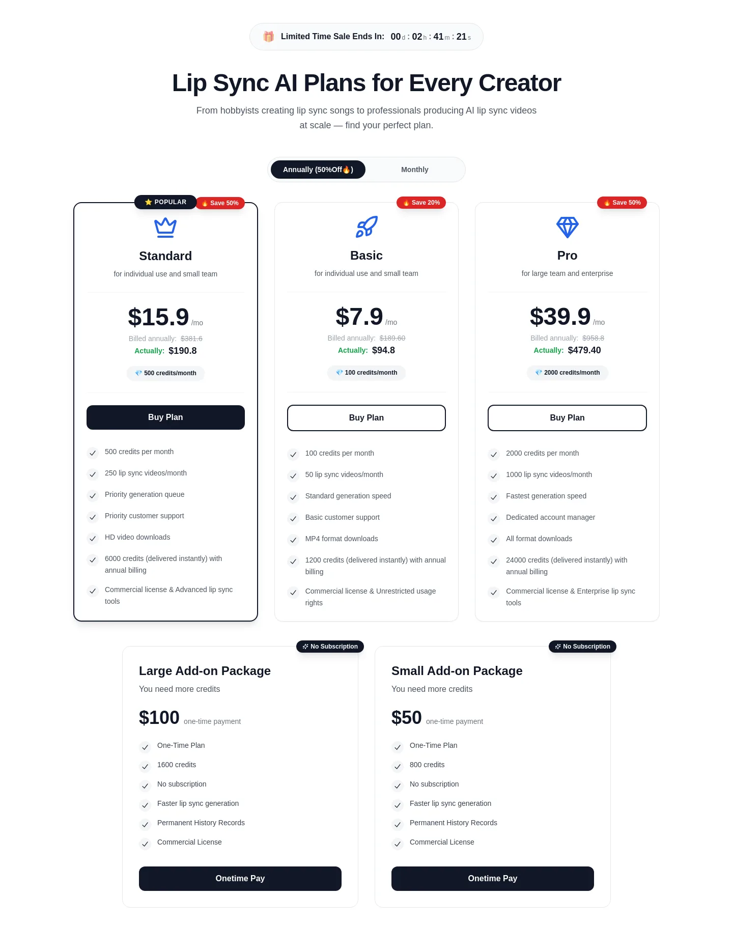 lipsyncai.co Pricing section