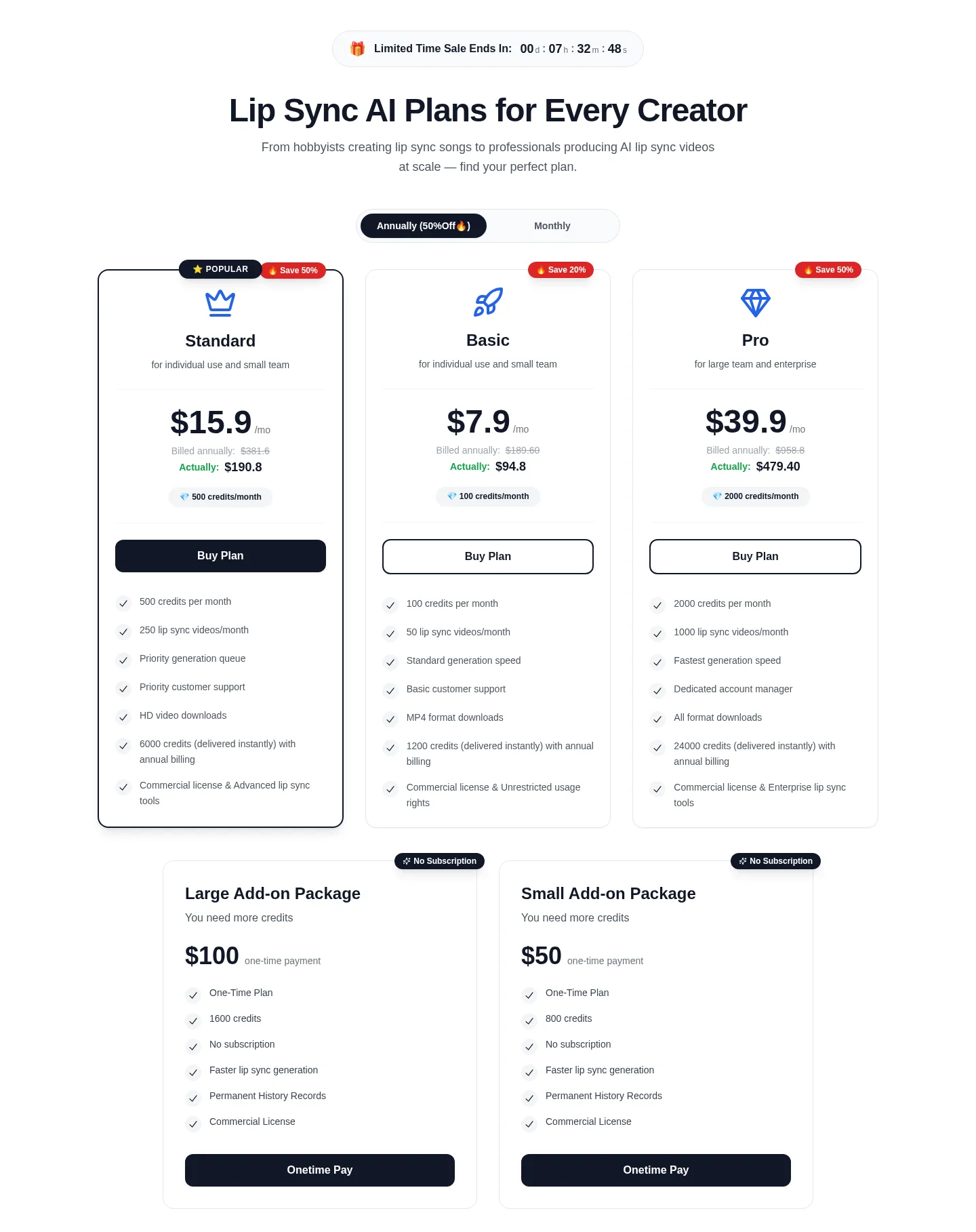 lipsyncai.co — a real Pricing section