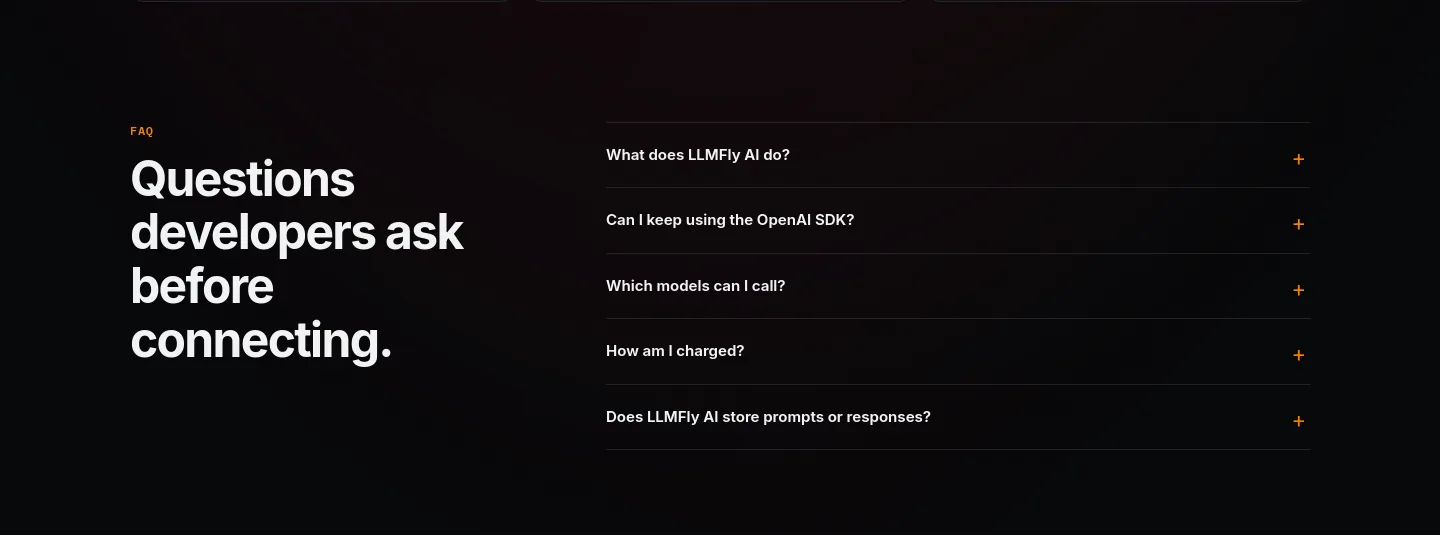 llmfly.ai — a real FAQ section