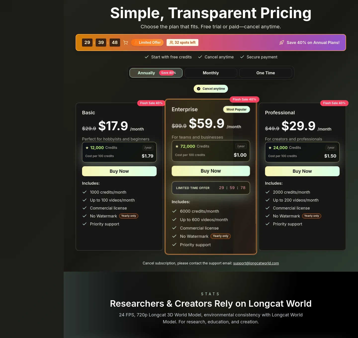 longcatworld.com Pricing section