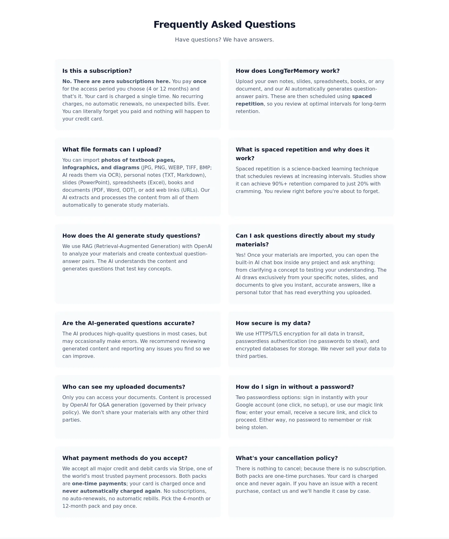 longtermemory.com FAQ section
