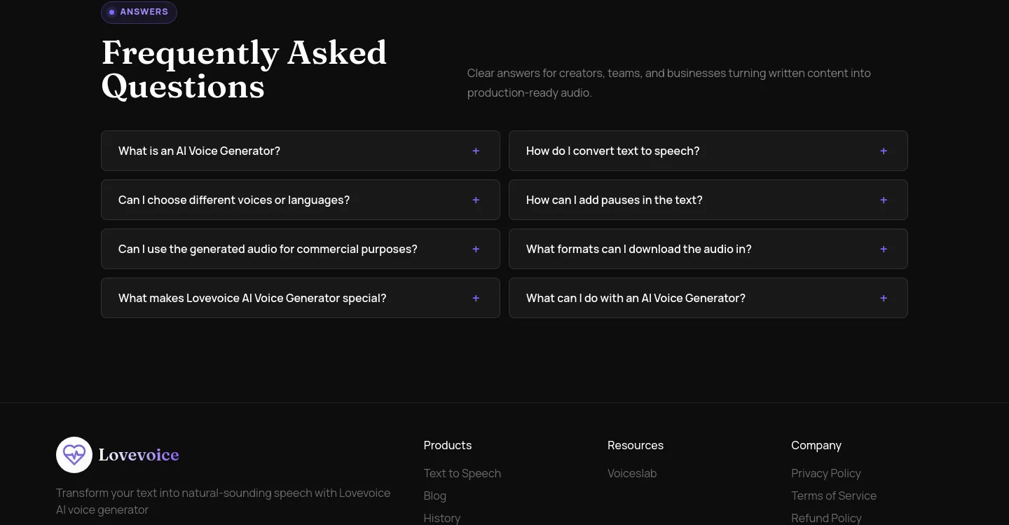 lovevoice.ai — a real FAQ section
