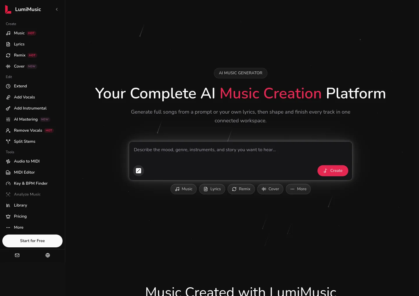 lumimusic.ai — a real Hero section