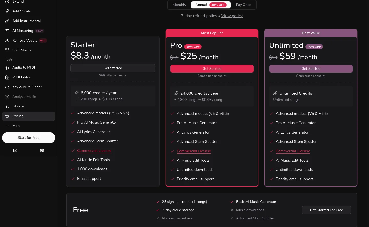 lumimusic.ai Pricing section
