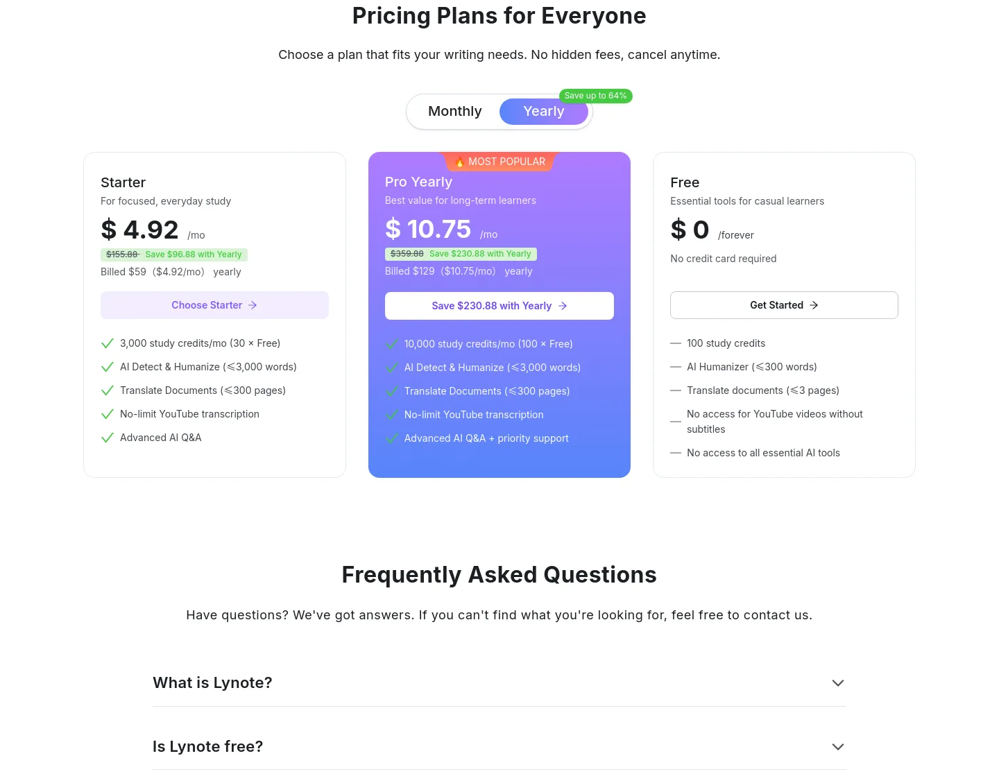 lynote.ai Pricing section