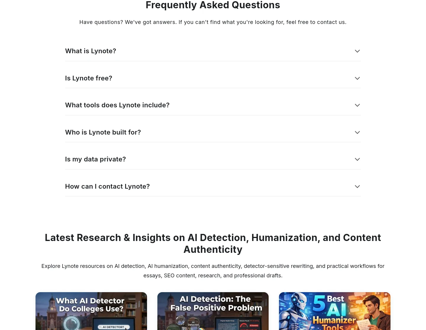 lynote.ai — a real FAQ section