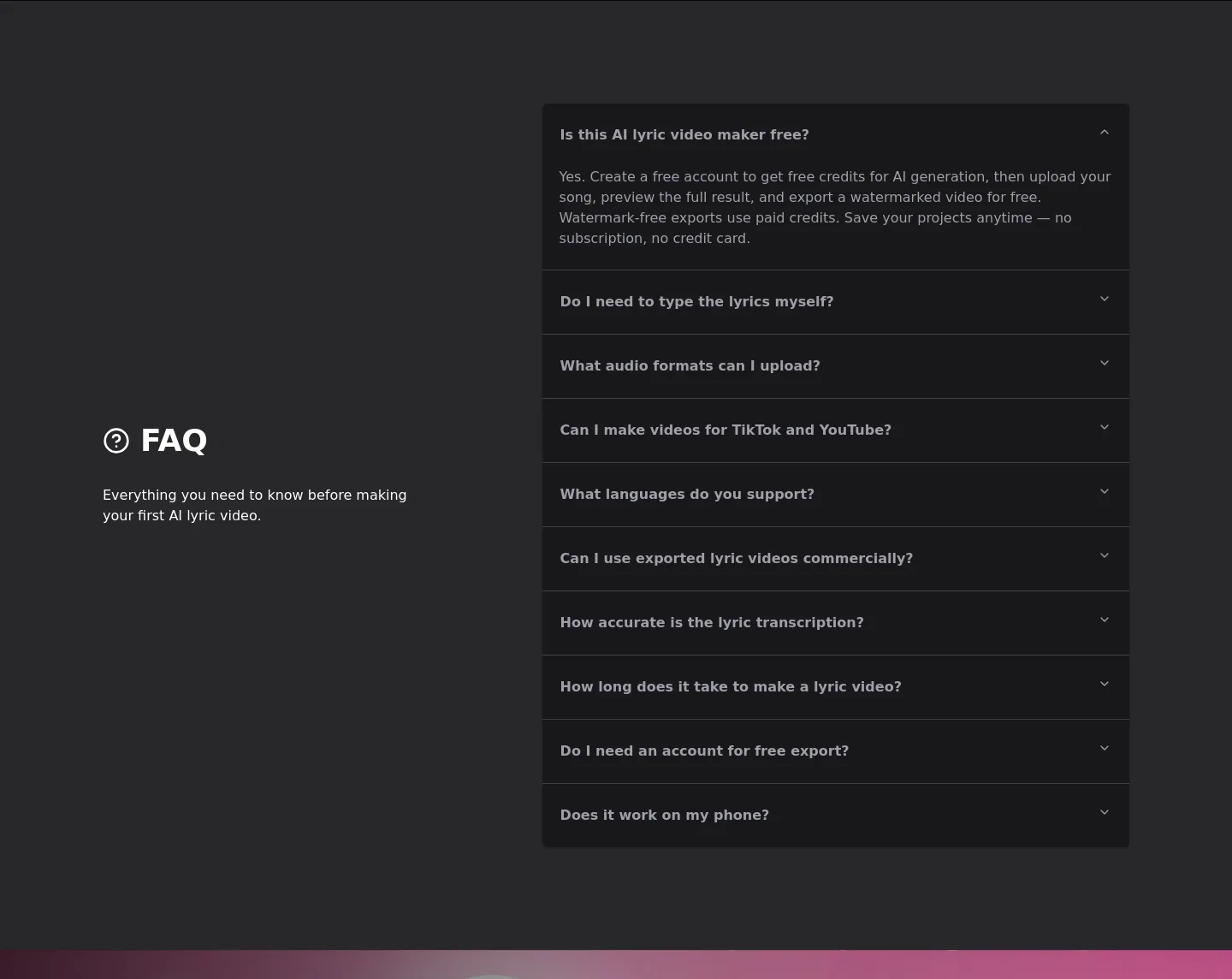 lyricvideomaker.app — a real FAQ section