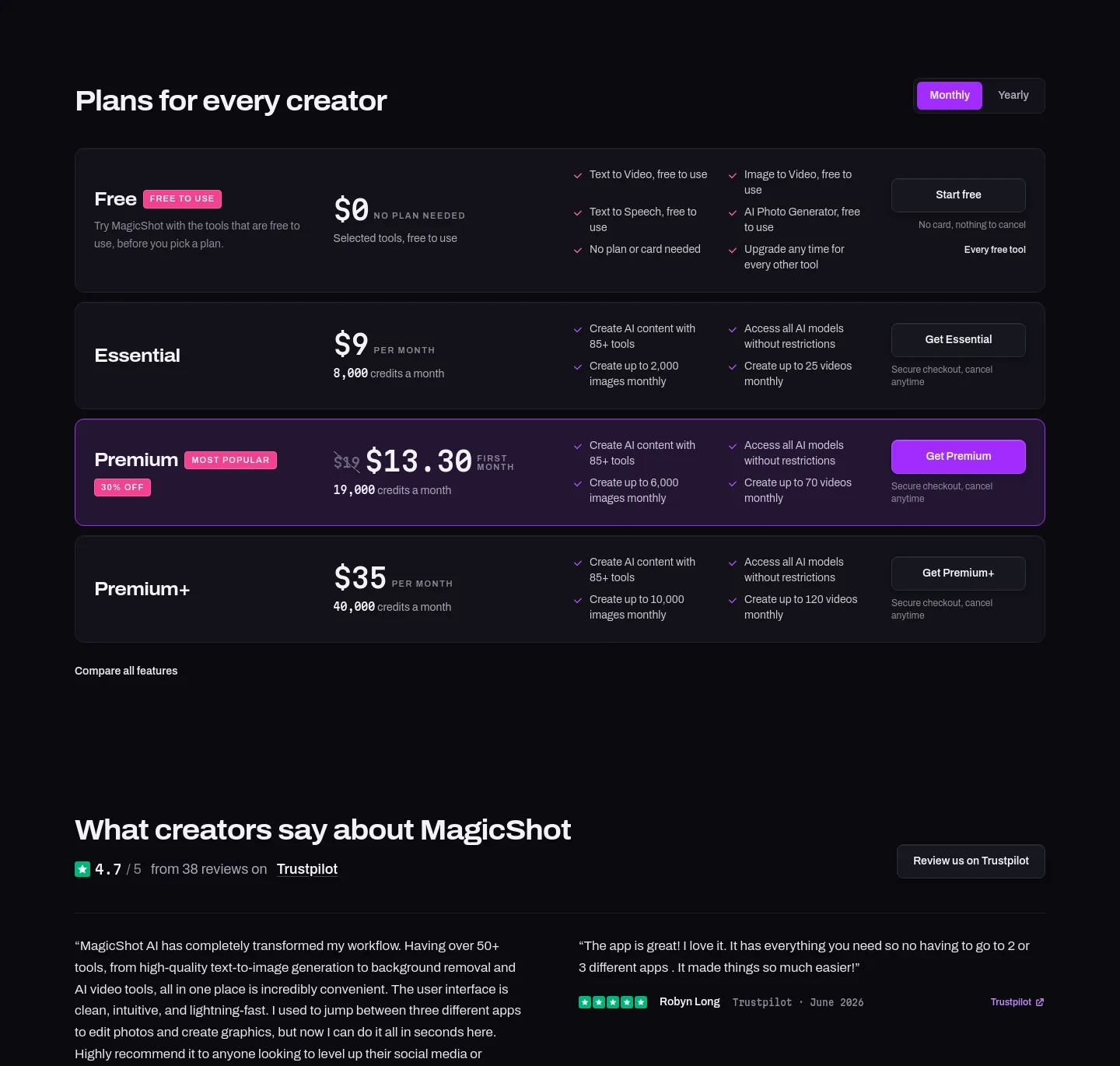 magicshot.ai Pricing section