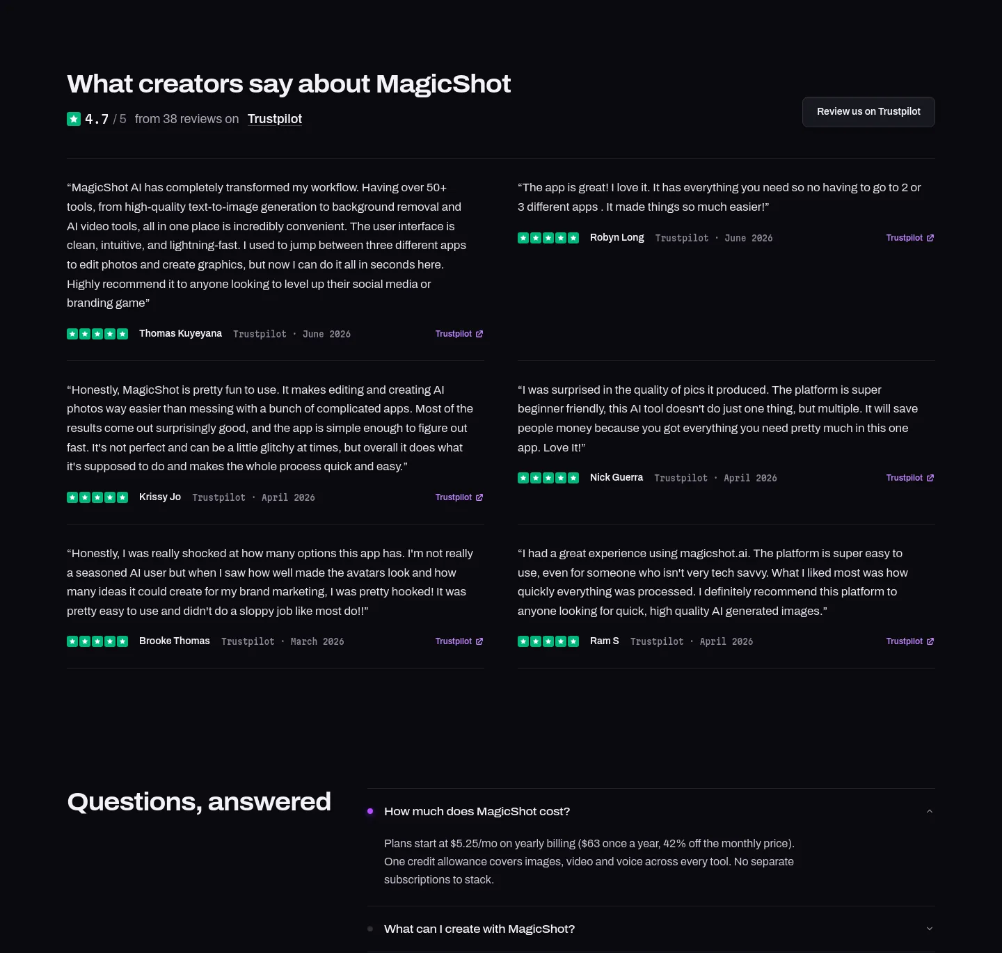 magicshot.ai Reviews section