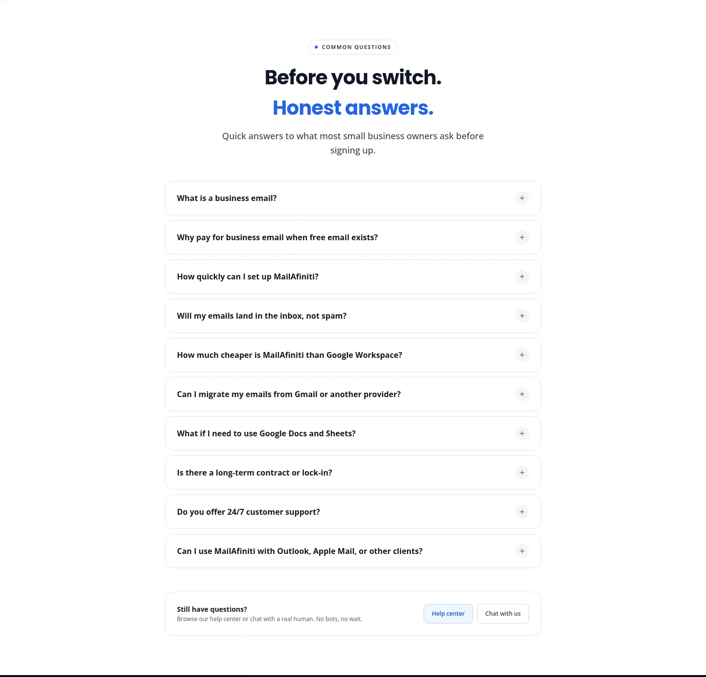 mailafiniti.com FAQ section