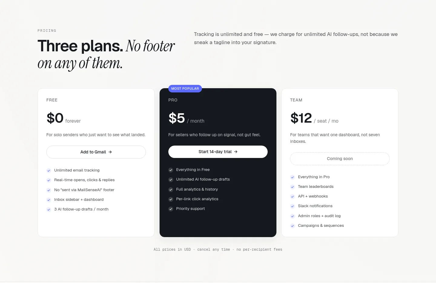 mailsenseai.com Pricing section