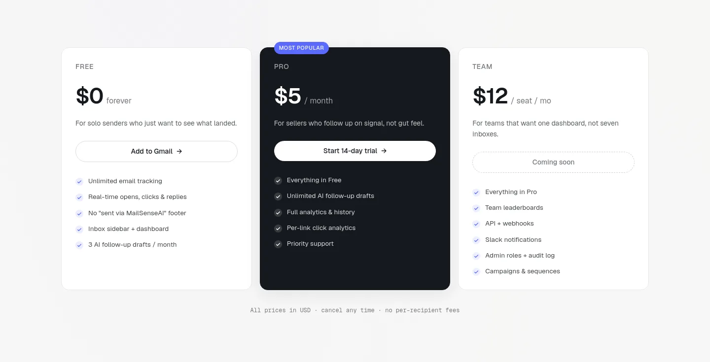 mailsenseai.com Pricing section