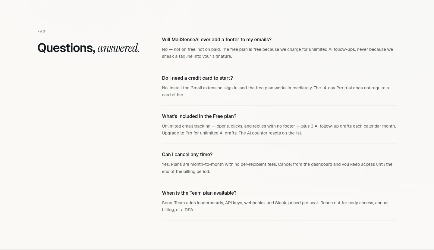 mailsenseai.com FAQ section