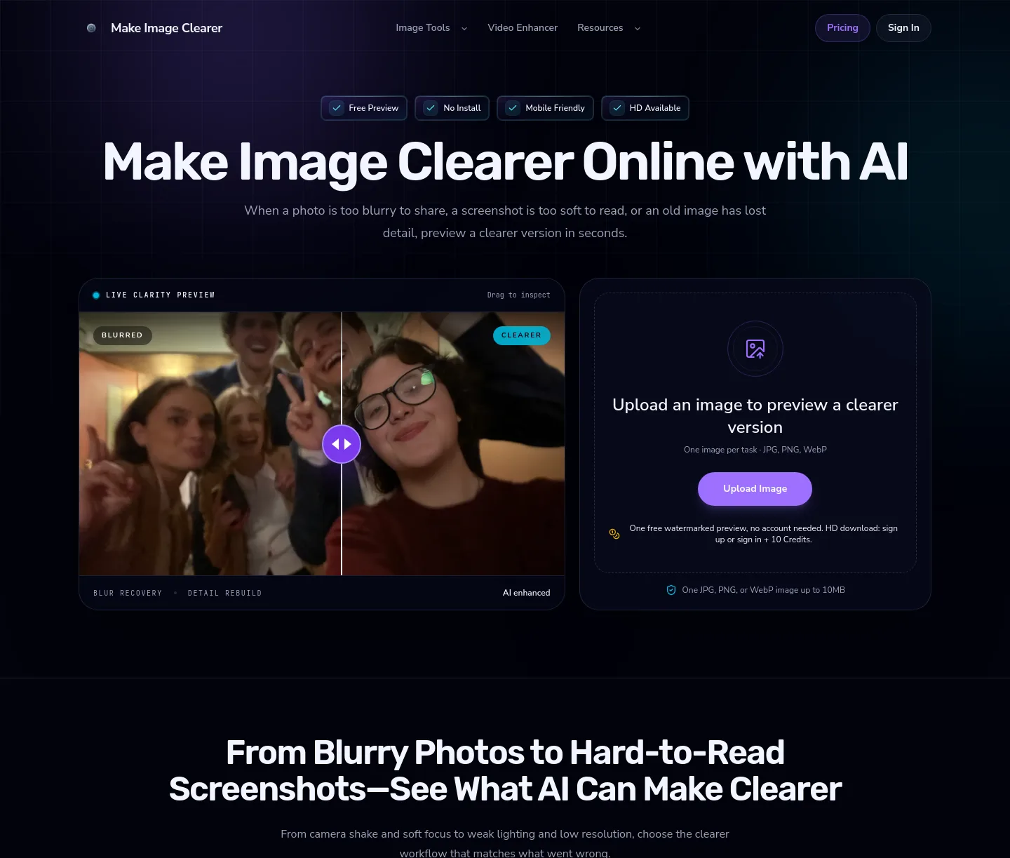 makeimageclearer.com — a real Hero section