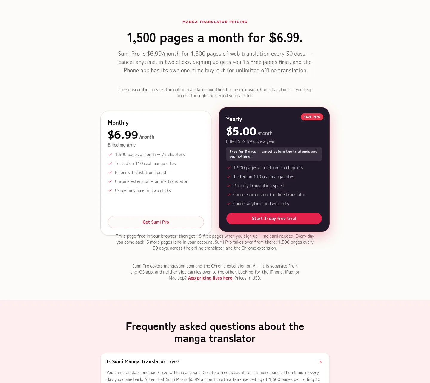 mangasumi.com Pricing section