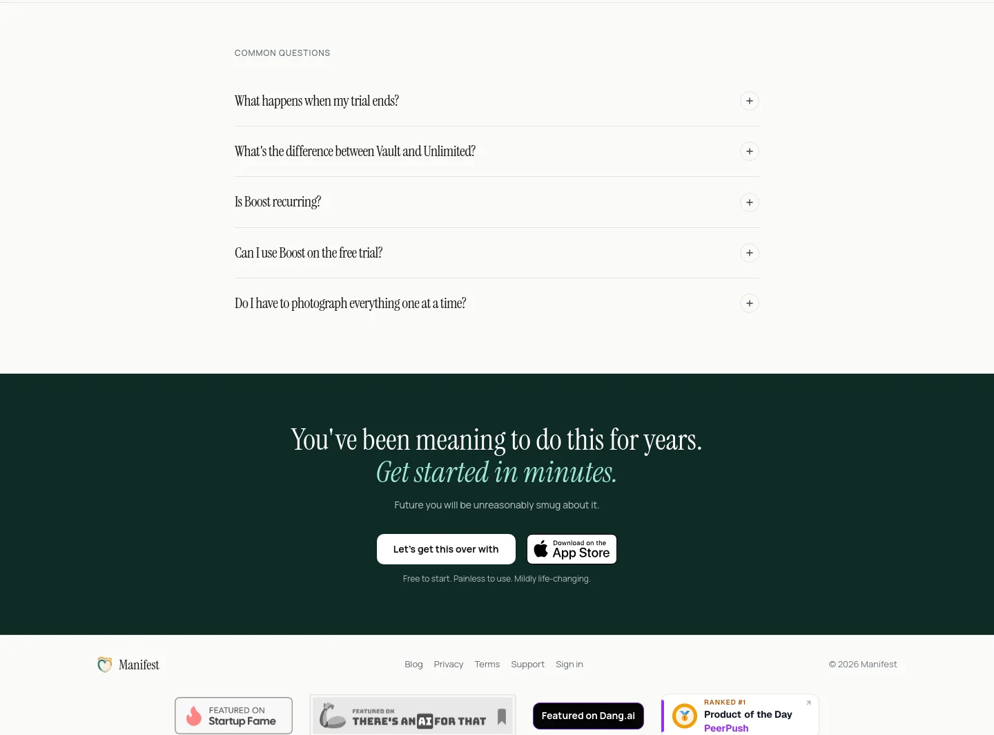 manifestme.me — a real FAQ section