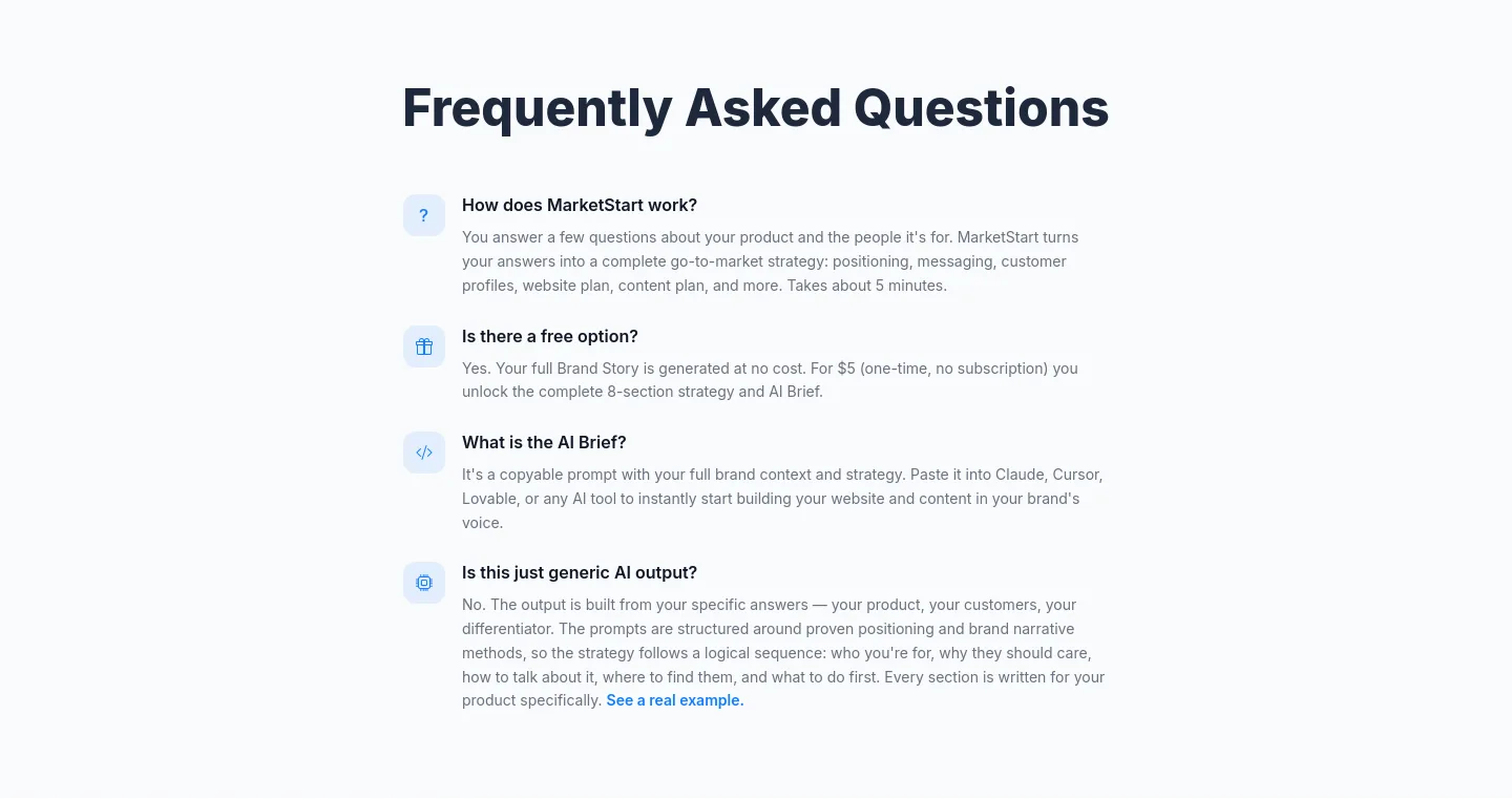 marketstart.co — a real FAQ section