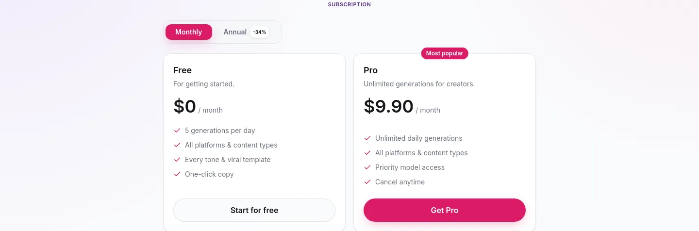 mediagen.fun Pricing section