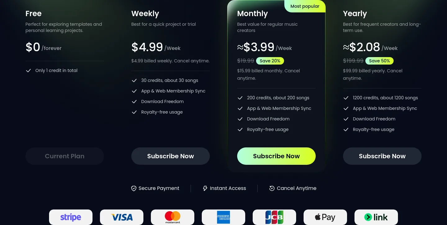 melodycraft.app Pricing section