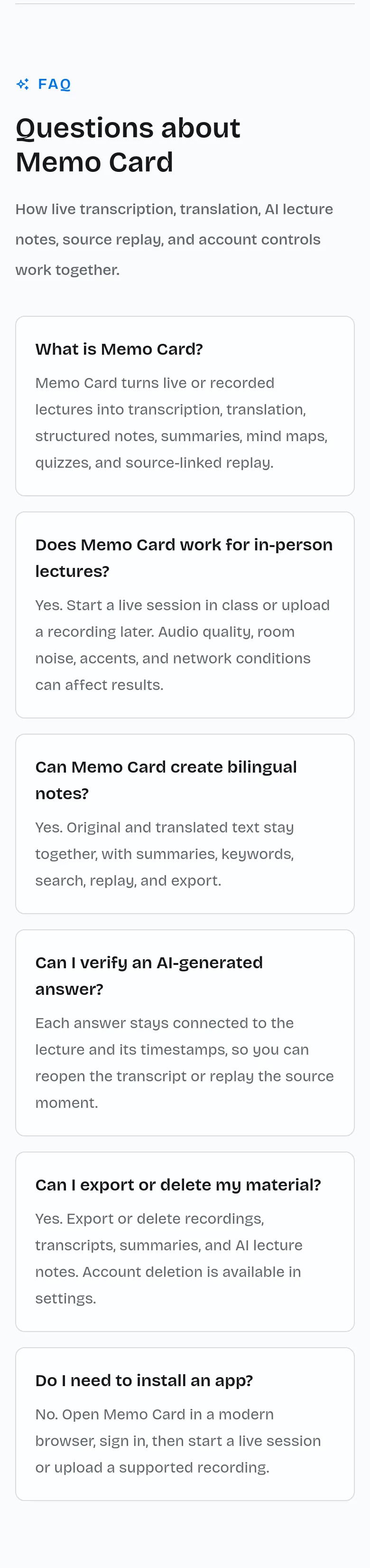 memocard.com — a real FAQ section