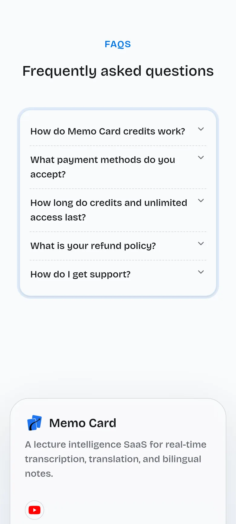 memocard.com — a real FAQ section