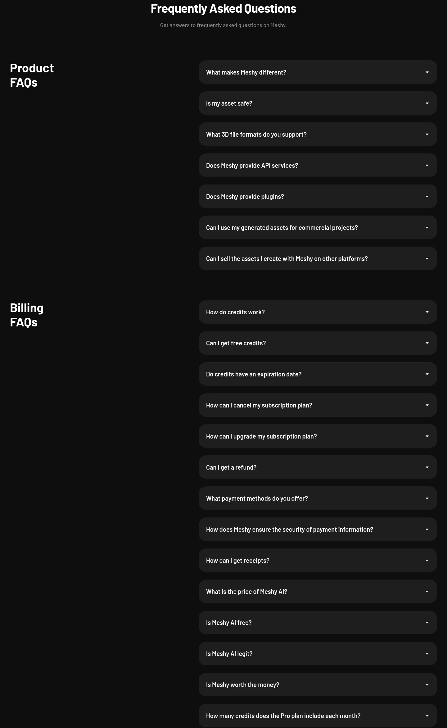 meshy.ai FAQ section