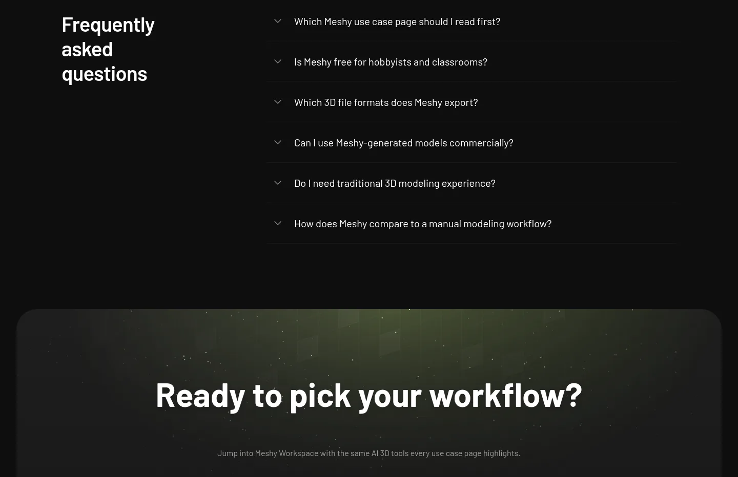 meshy.ai — a real FAQ section