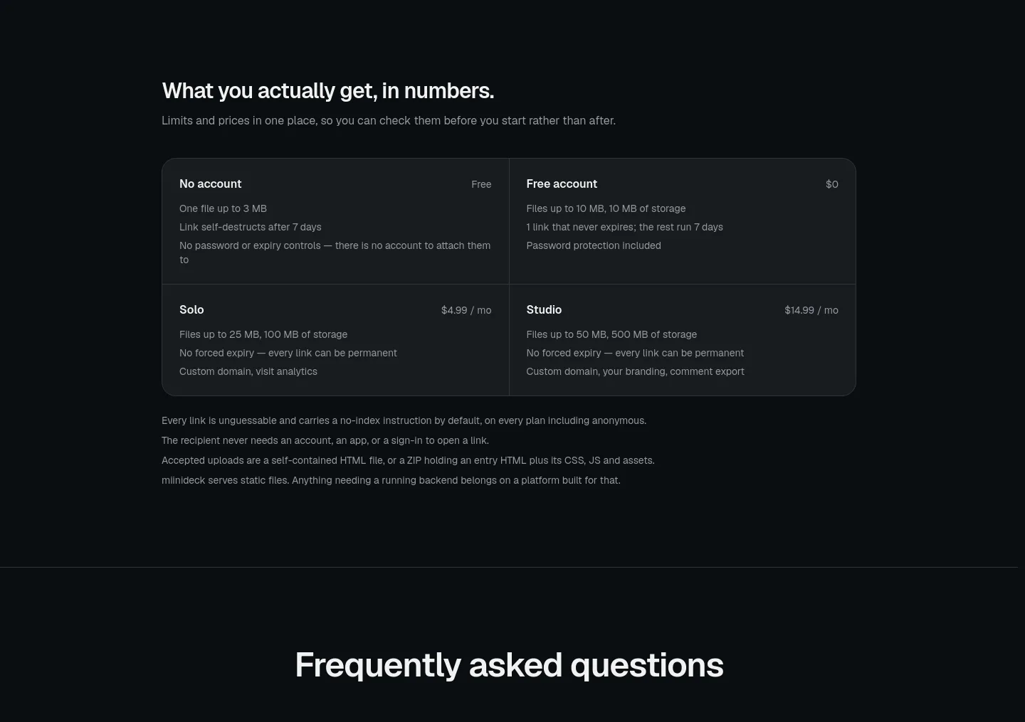 miinideck.com Pricing section