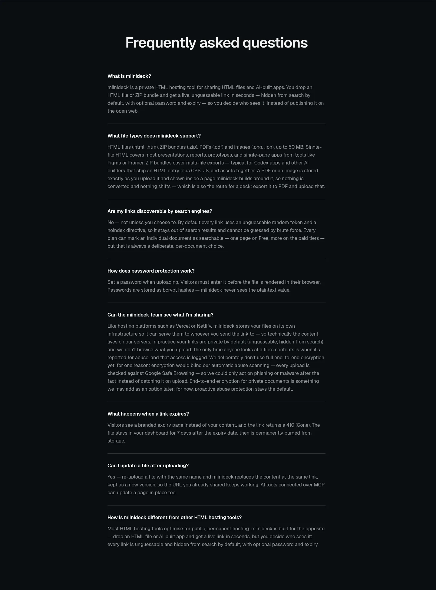 miinideck.com FAQ section