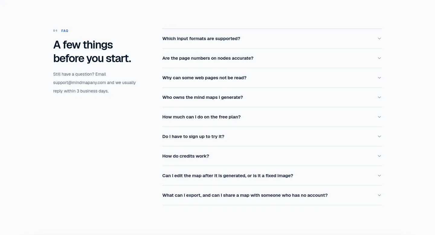 mindmapany.com FAQ section