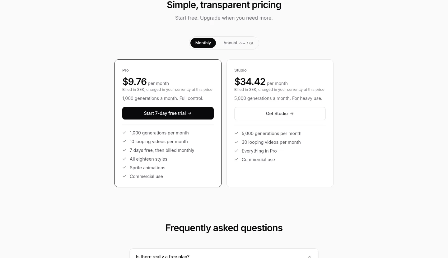 minia.art — a real Pricing section