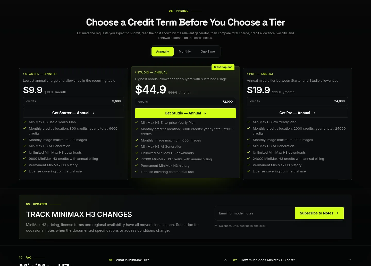 minih3.pro Pricing section