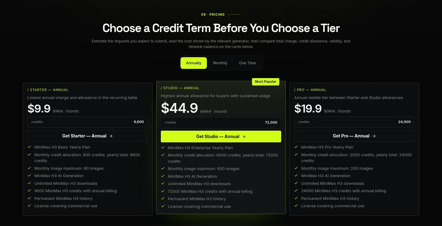 minih3.pro Pricing section