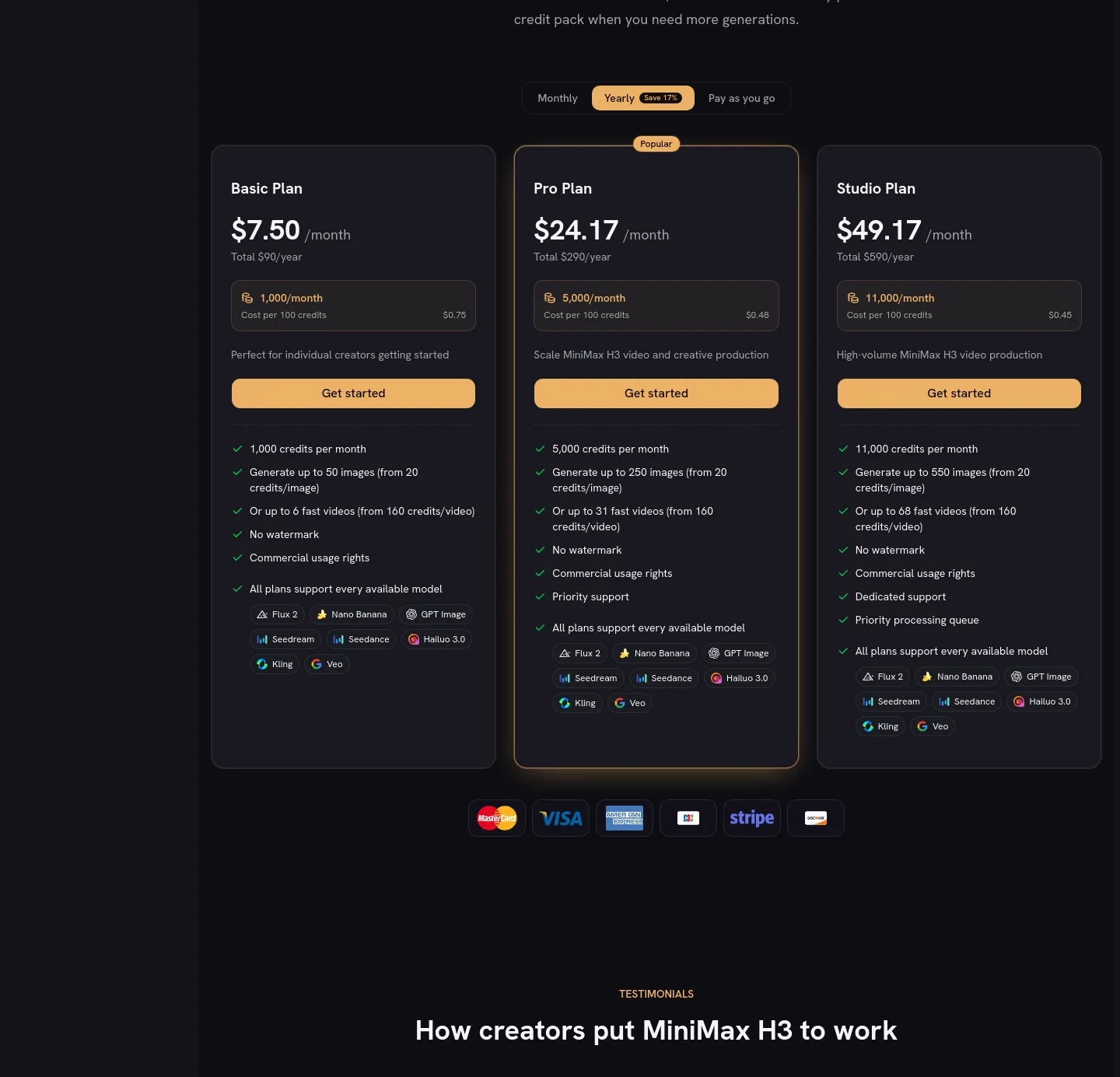 minimax-h3.io — a real Pricing section