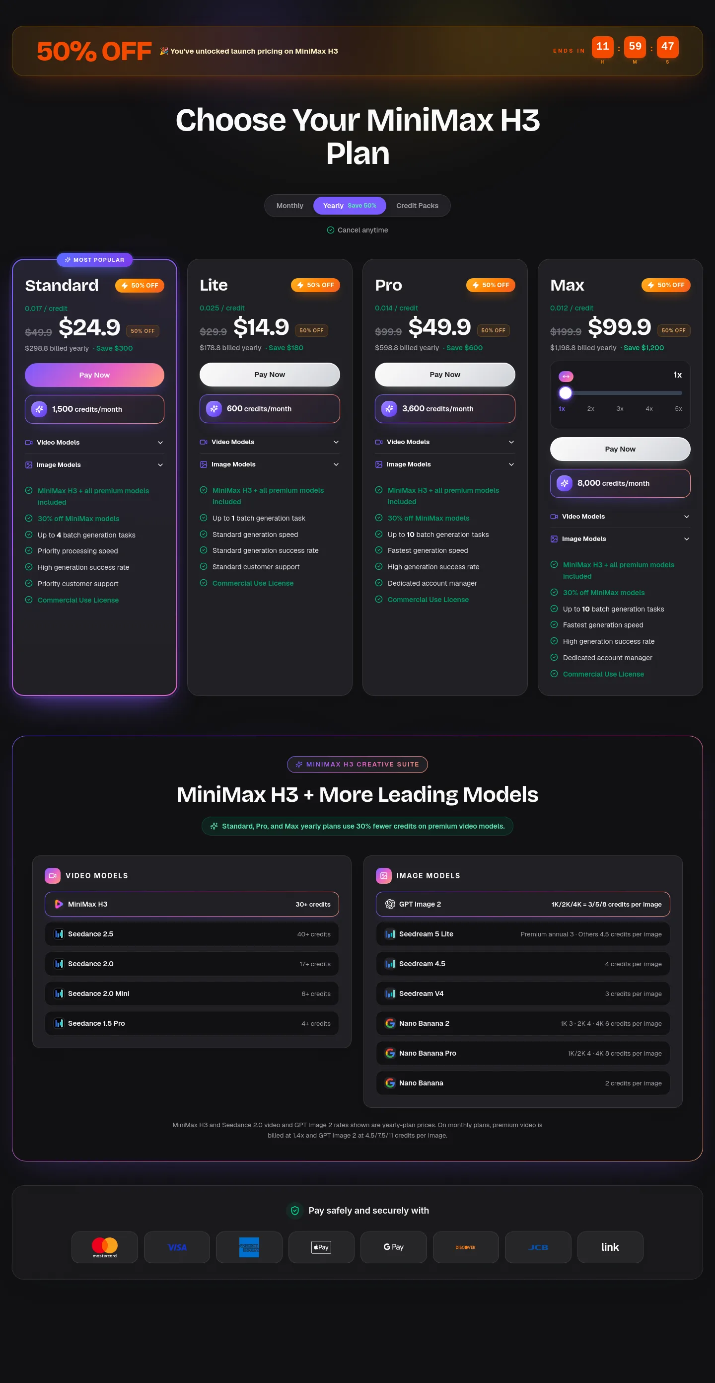 minimaxh3.ai — a real Pricing section