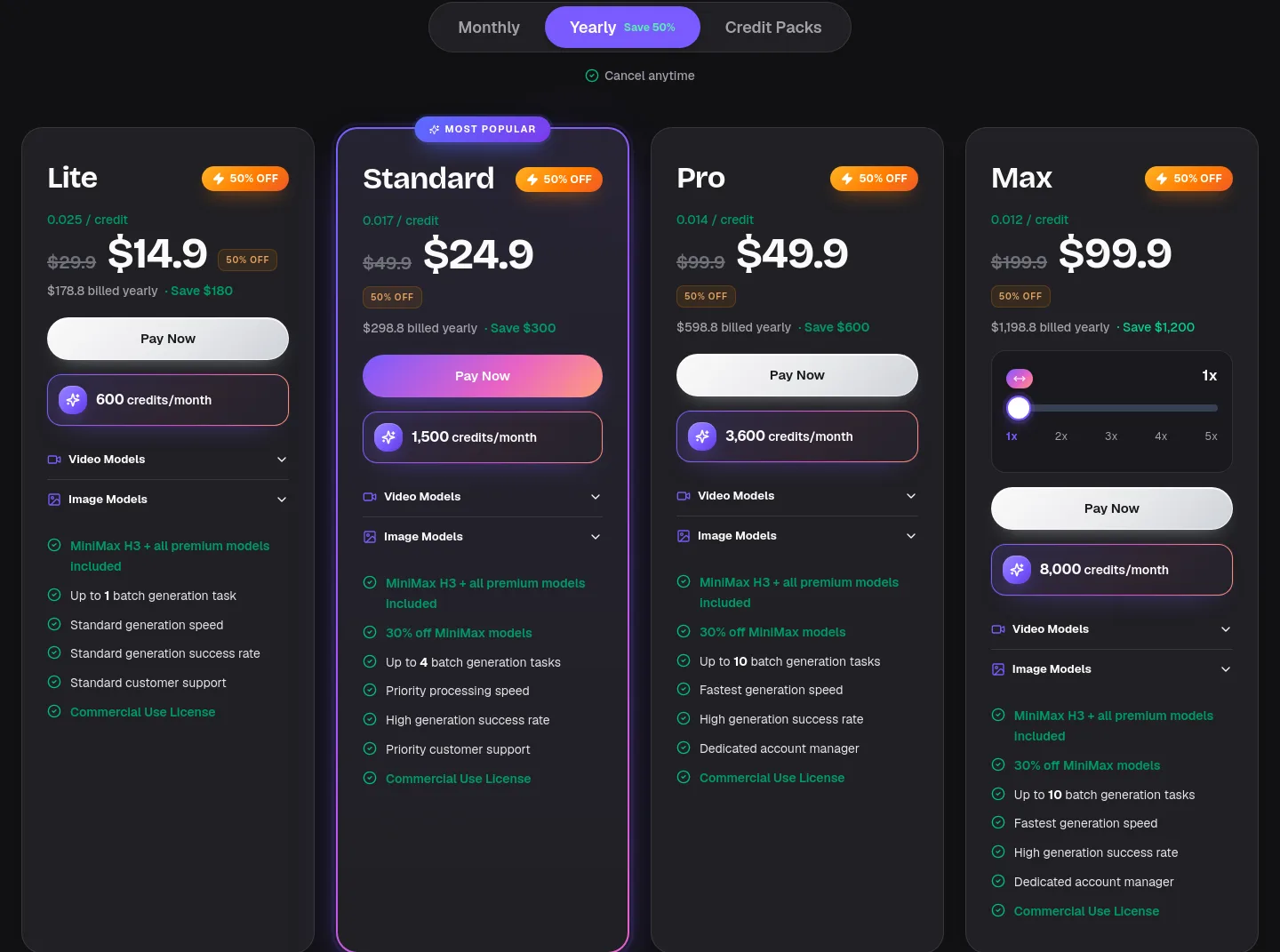 minimaxh3.ai — a real Pricing section