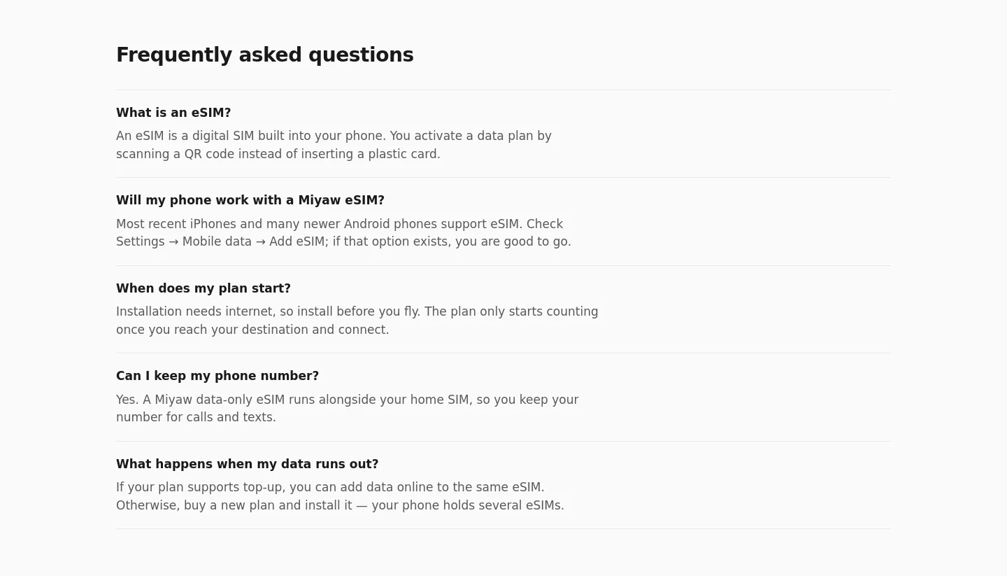 miyawesim.app — a real FAQ section