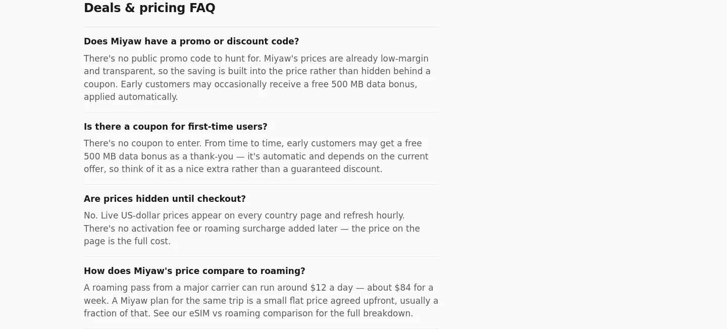 miyawesim.app — a real FAQ section